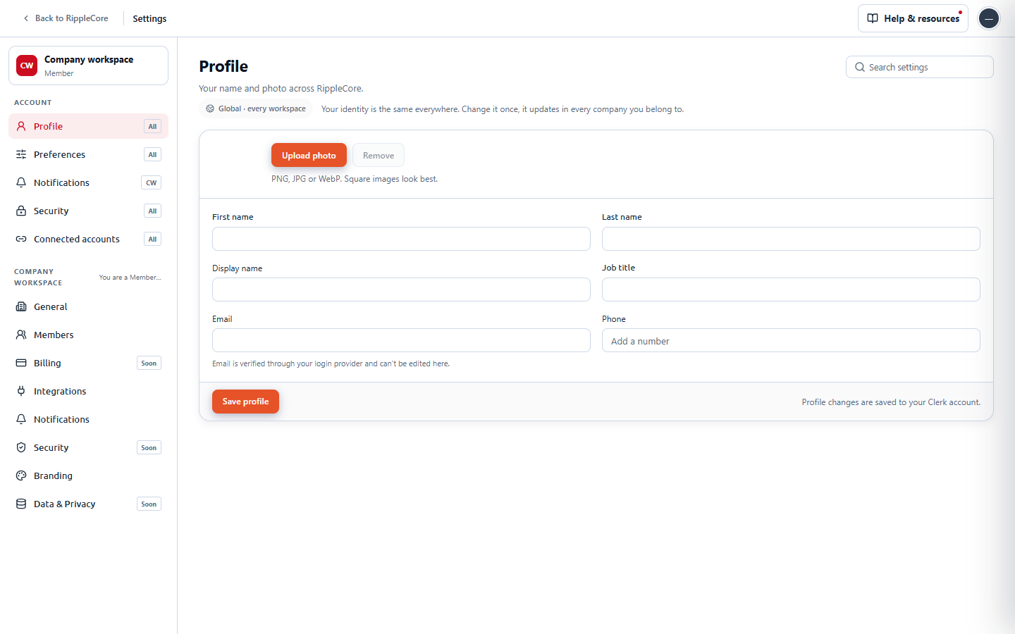 Account settings page on 5199