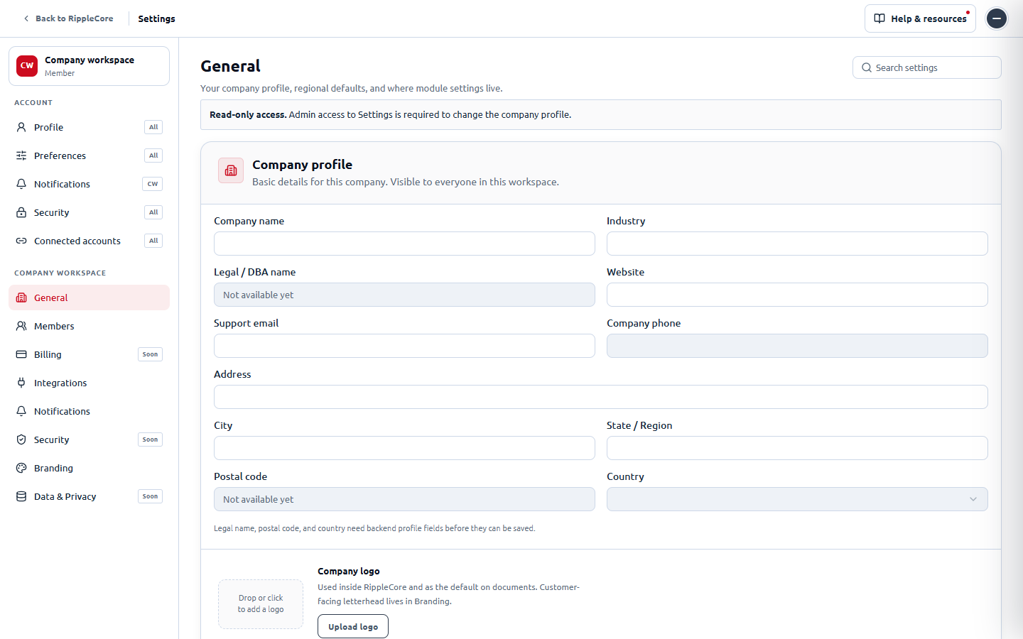 Company settings page on 5199